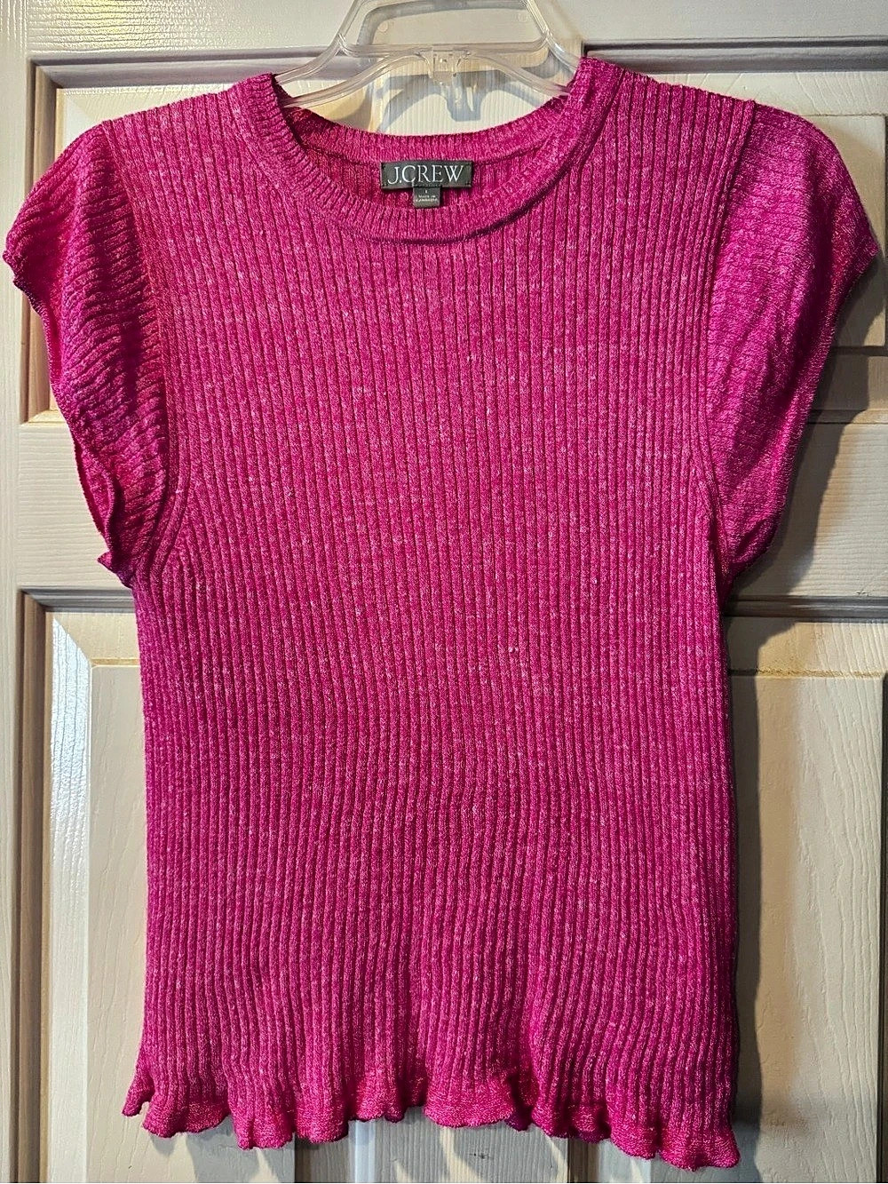J.Crew Merino Wool- Linen Ribbed Ruffle Hem Top in Pink Like New